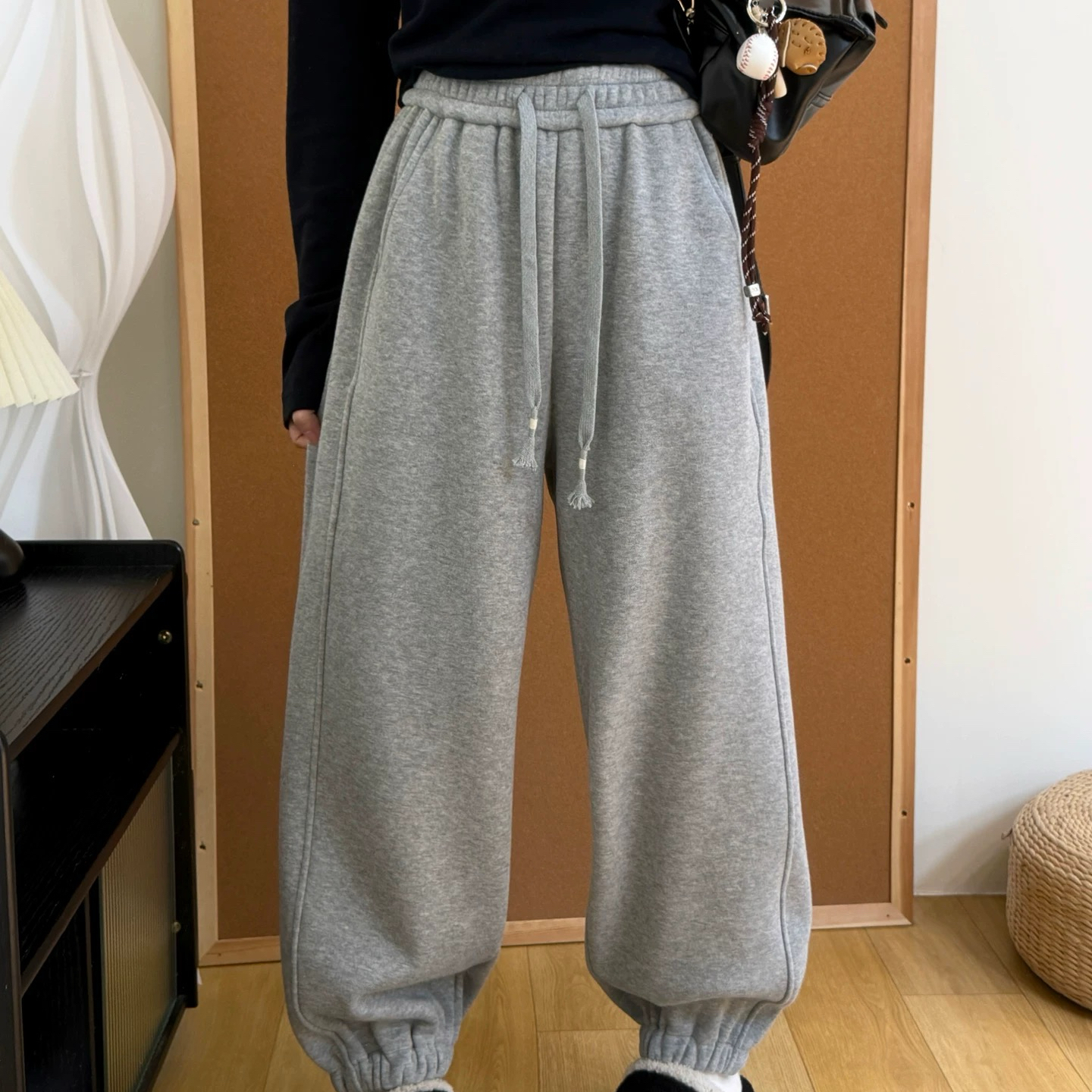 【1162】简#松紧腰加绒直筒宽松休闲裤