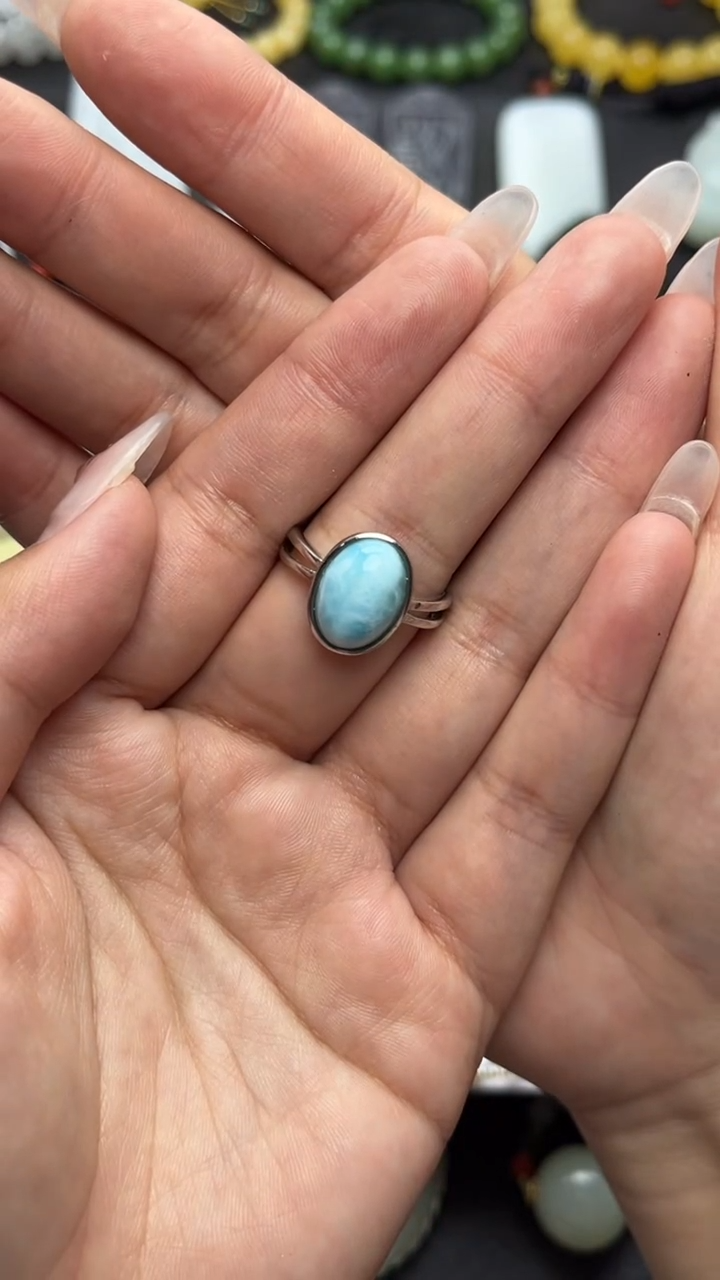 银S925镶嵌针钠钙石（海纹石）戒指蛋面戒指