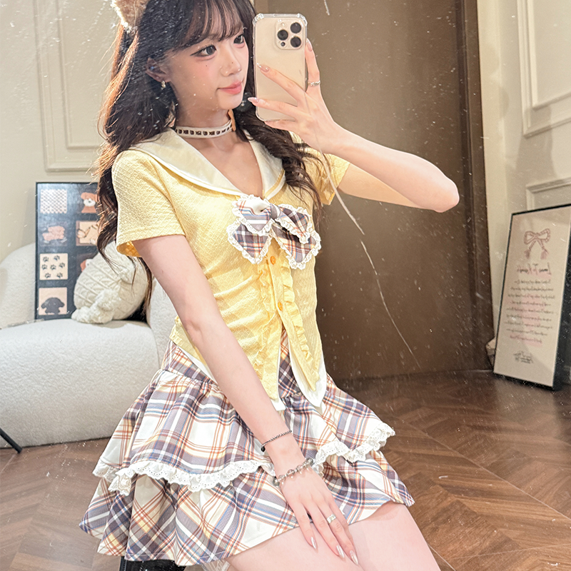 甜橙汽水 织物猪原创 学院风黄色蝴蝶结假两件上衣女格纹蛋糕短裙