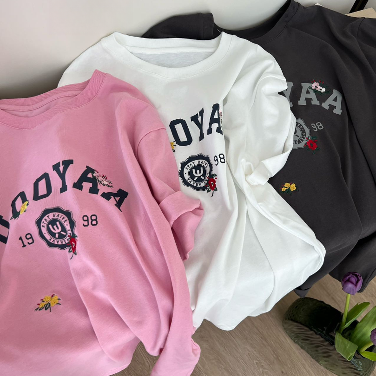 23985【来自艾米精品】印花刺绣字母休闲圆领百搭T恤