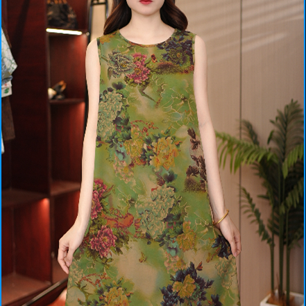 断码绿色底牡丹花圆领无袖连衣裙1040