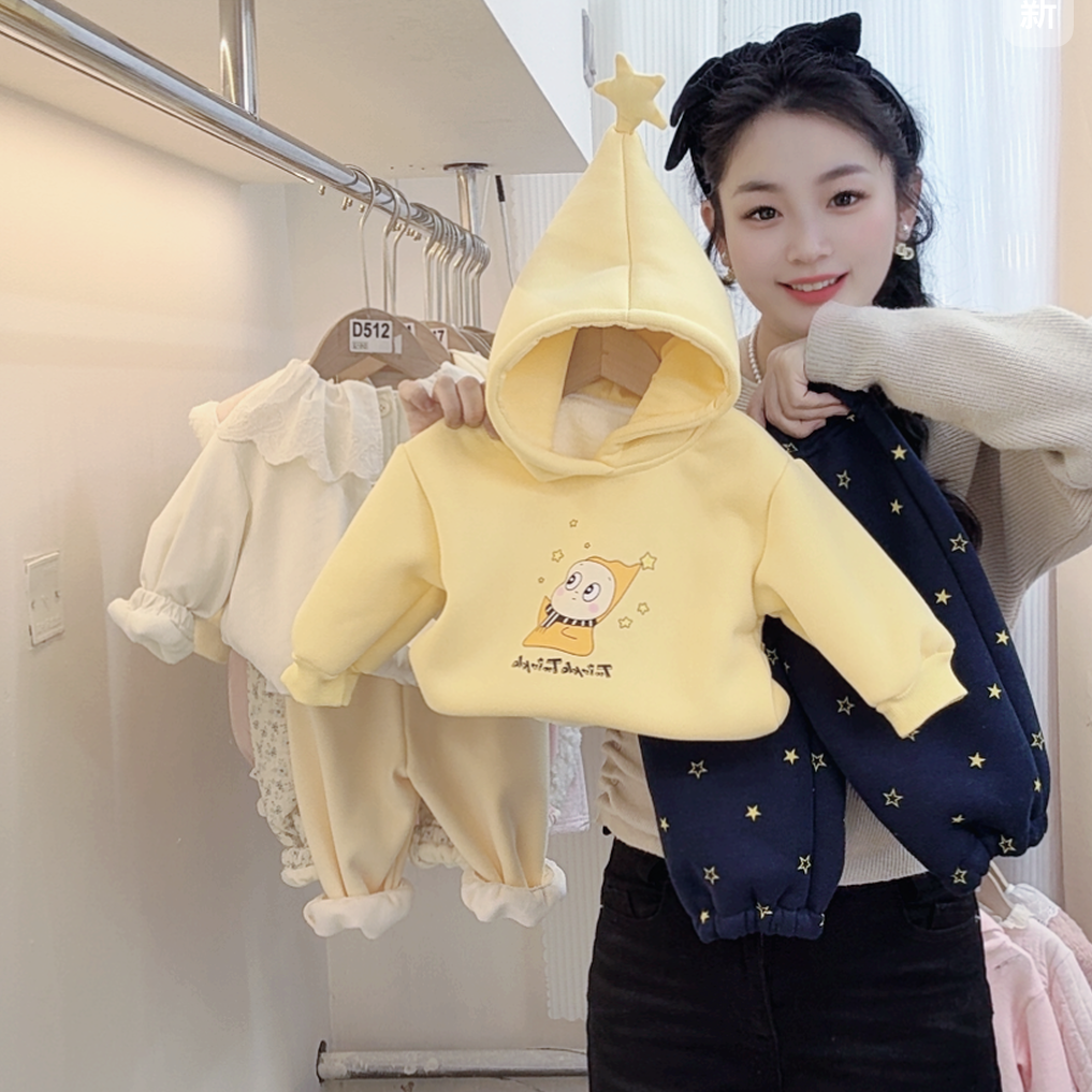 【星星人套装】冬季新款洋气女宝宝萌连帽卫衣加绒卫裤套装