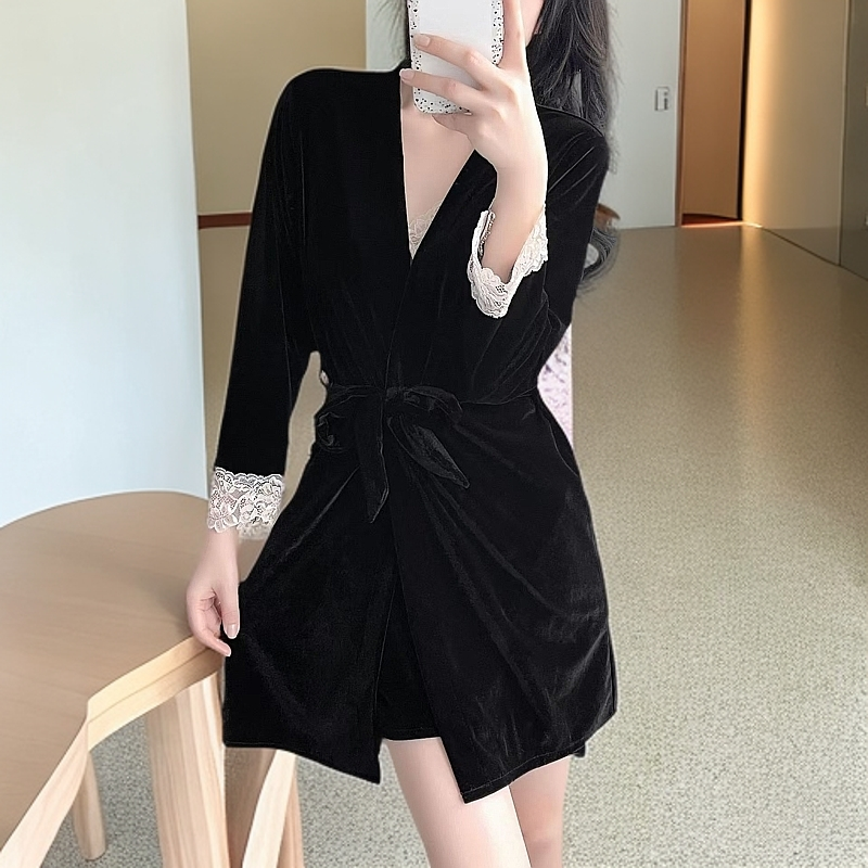 金丝绒睡袍女春秋款高级性感女士浴服冬季纯欲风浴袍领9251