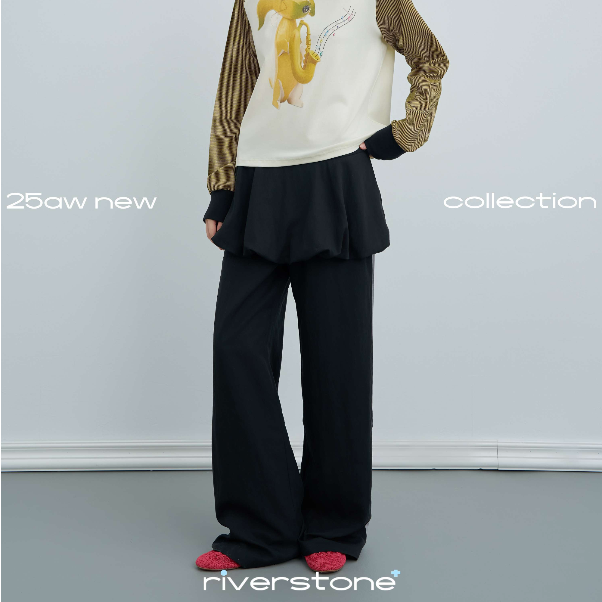 riverstone plus 芭蕾运动风假两件裙裤秋季侧条纹花苞阔腿长裤