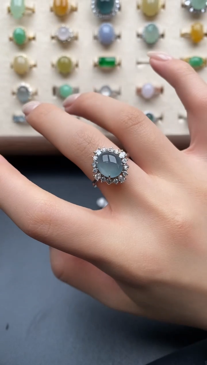 银S925镶嵌戒指翡翠一物一证一礼盒