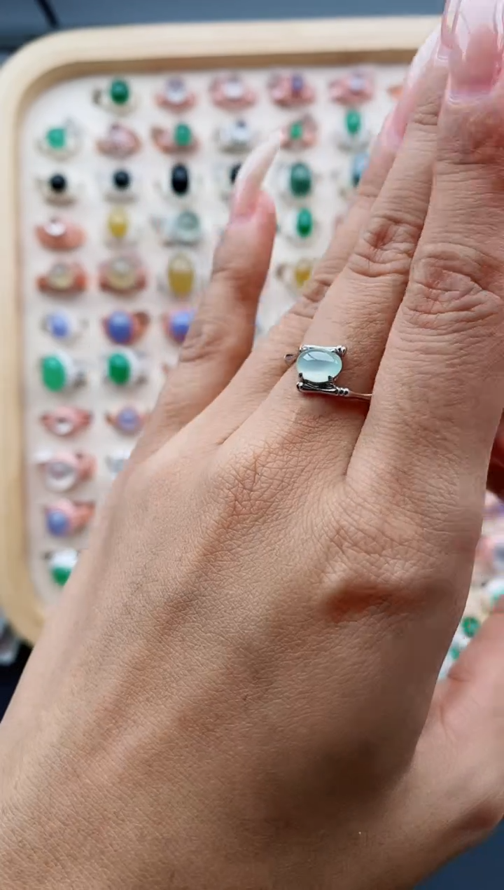 【闪购商品】翡翠戒指银S925镶嵌缅甸天然A货翡翠444  1+7