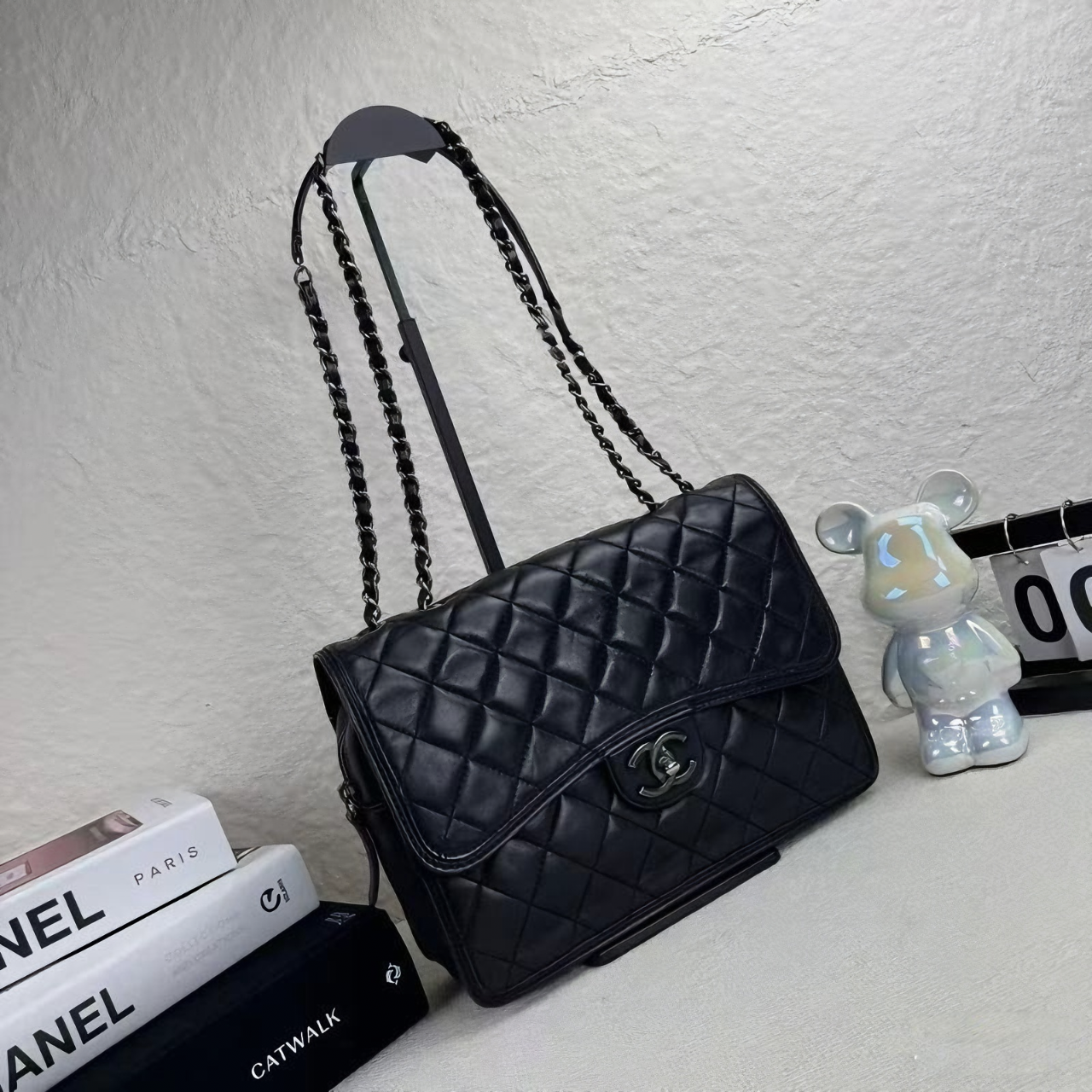 95新 Chanel/香奈儿 黑银CF翻盖链条包 底长28 18开