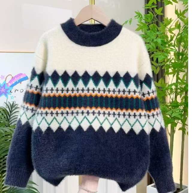 2024新款仿水貂绒儿童男童中大童时尚洋气秋冬季加厚圆领针织套头