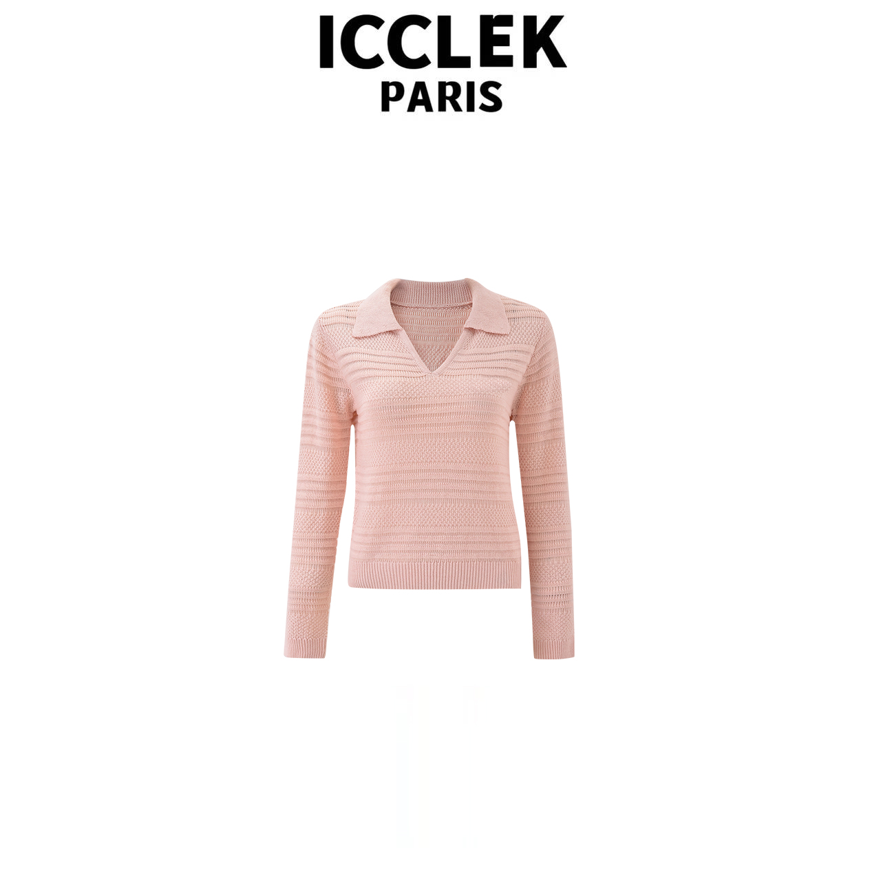  ICCLEK 裸粉色翻领长袖针织衫气质轻奢名媛甜美百搭上衣  - 9125
