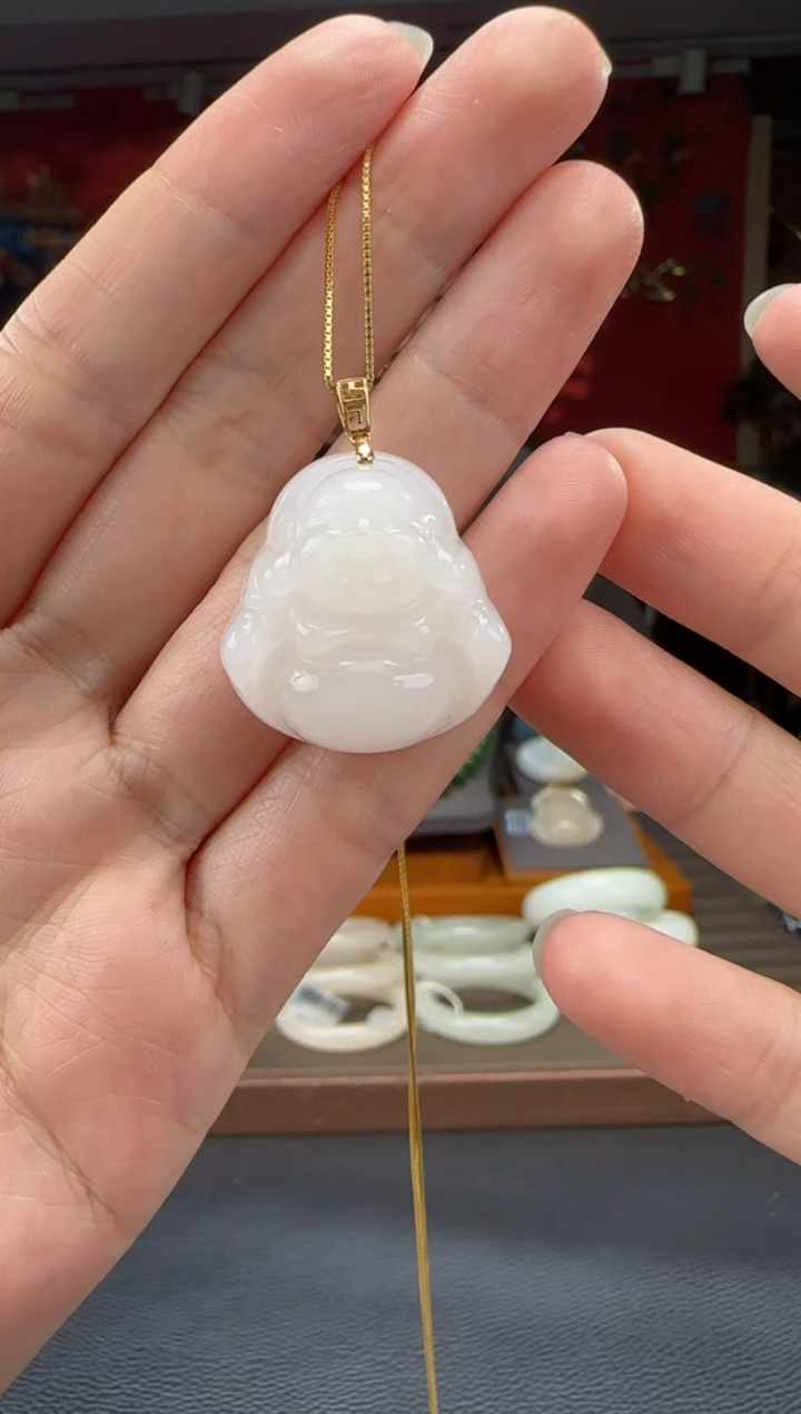 和田玉18K金镶嵌颈饰白玉佛公