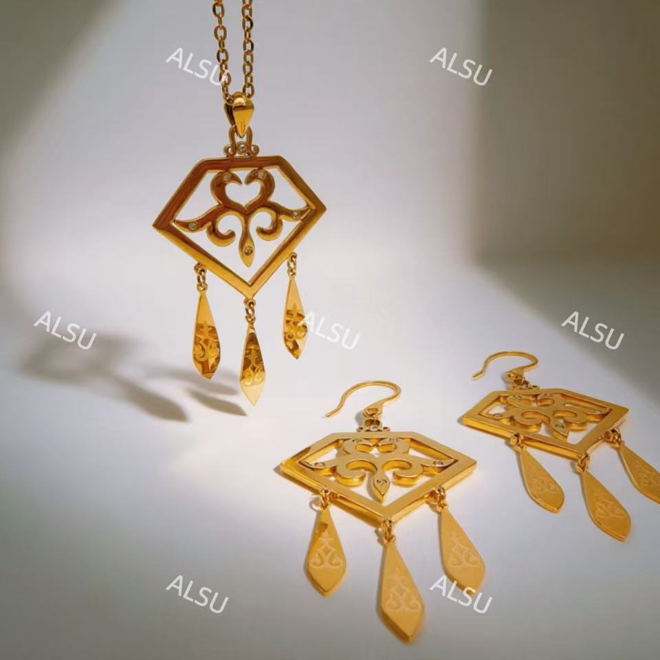 合金项链 ALSU原创经典款民族风棱形两件套项链耳环百搭时尚轻奢