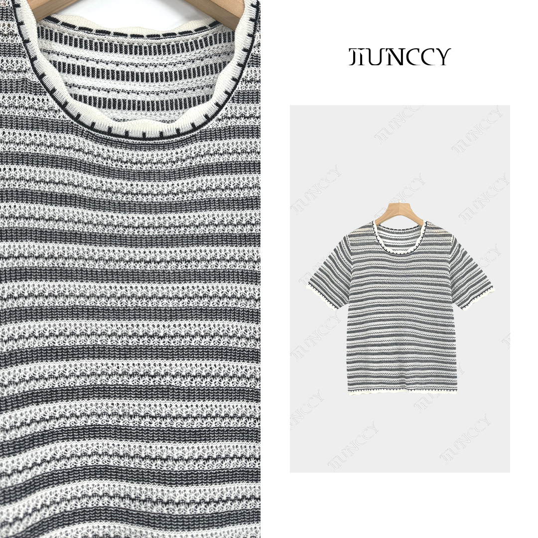 JIUNCCY【弦音】亚麻天丝条纹领袖拼撞色波浪花边针织衫 52YZZ081