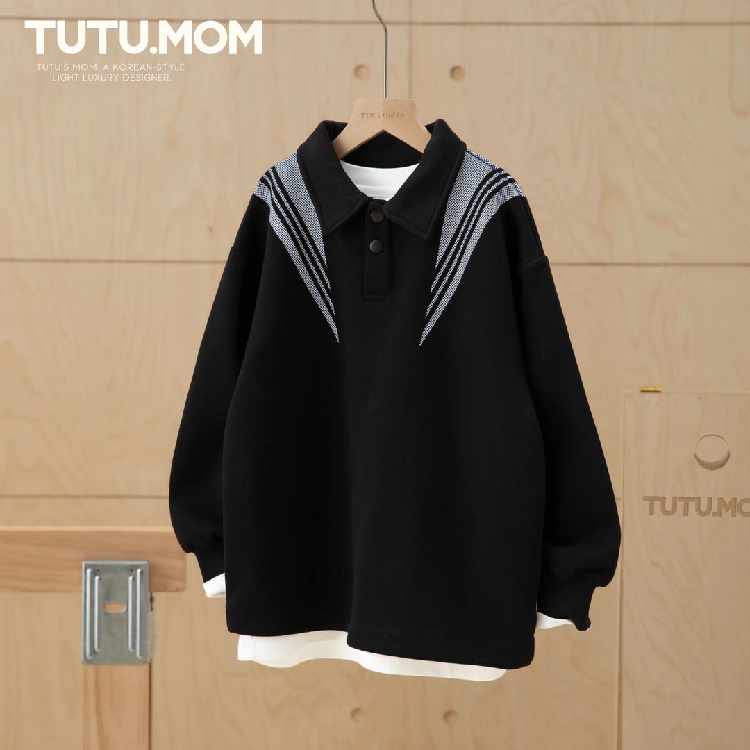 男童休闲翻领拼色卫衣2025秋季新款中大童潮酷套头宽松儿童上衣潮