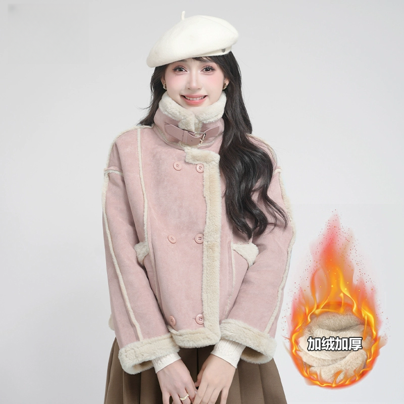 法式高级感加绒立领外套女2024冬季新款小个子加厚保暖夹克上衣