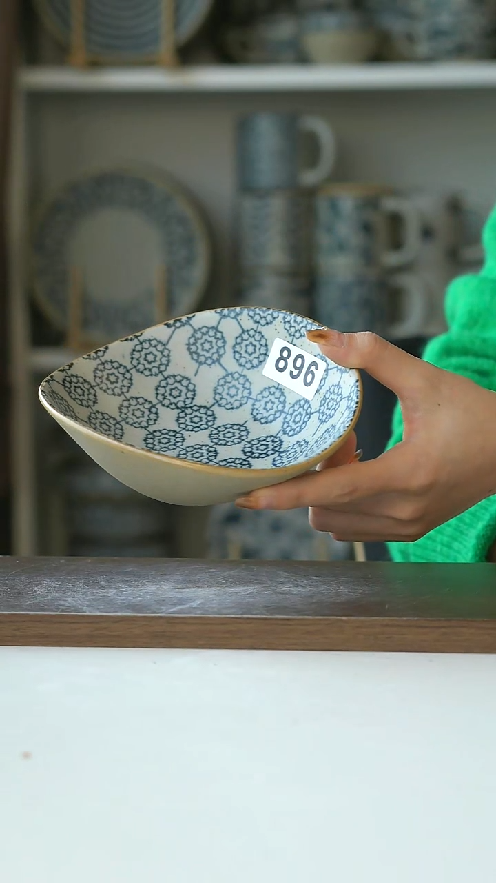 陶瑕896粗陶手绘绣球海浪碗16cm@7-7@不退换