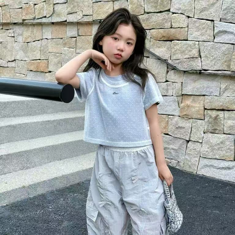 2025夏季新品中大女童小众法式透视软纱叠穿两件套短袖上衣25774