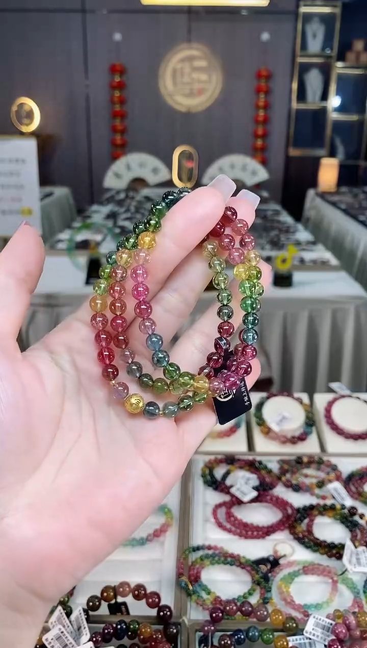 未镶嵌冰透净体老矿碧玺彩虹三圈手串6mm+碧玺hon多样性发一条