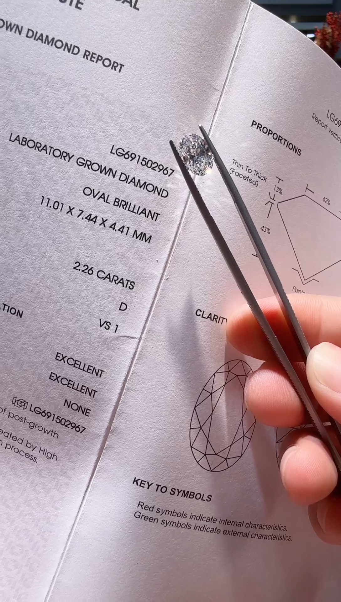 实验室培育钻石裸石未镶嵌椭圆 2.26 VS1 D 2967