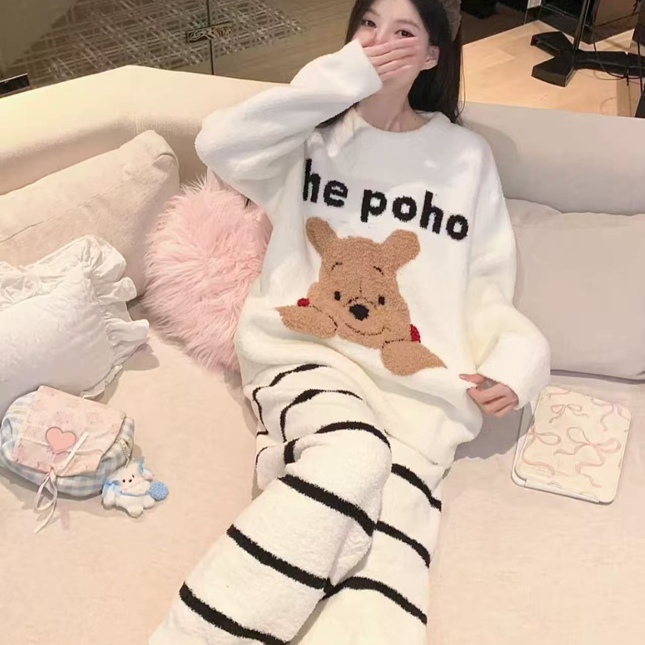 半边绒网红同款维维小熊结睡衣女秋冬季加厚保暖可外穿家居服ALE