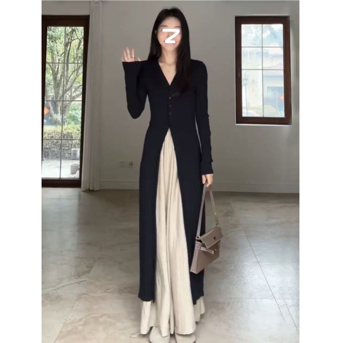 大码胖mm高级感V领长款开衫裤裙春季新款时尚大气显瘦穿搭百搭