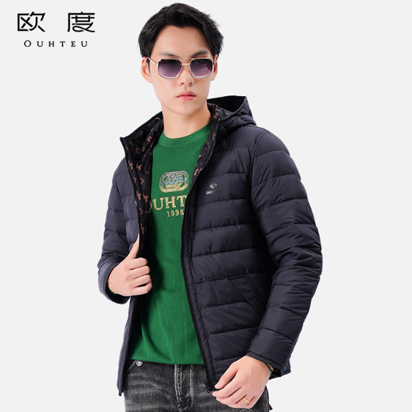 OUHTEU/欧度【双面穿鹅绒】冬季男85绒印花轻量保暖羽绒服连帽3944