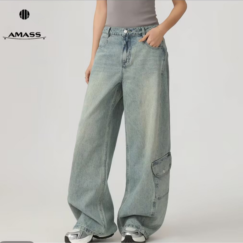 AMASS/阿玛施新款复古大口袋宽松垂感工装阔腿牛仔裤女510089