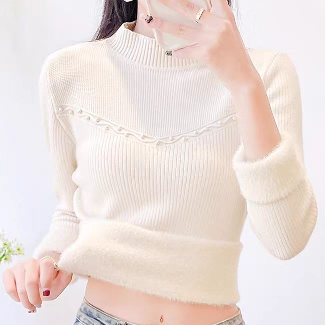 239【衣长57】女2025新款钉珠冬季内搭半高领加厚一体绒针织打底衫