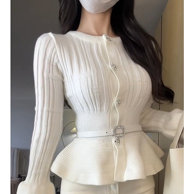 小香风荷叶边针织开衫女秋冬纯欲收腰蓬蓬上衣可外穿短款毛衣外套