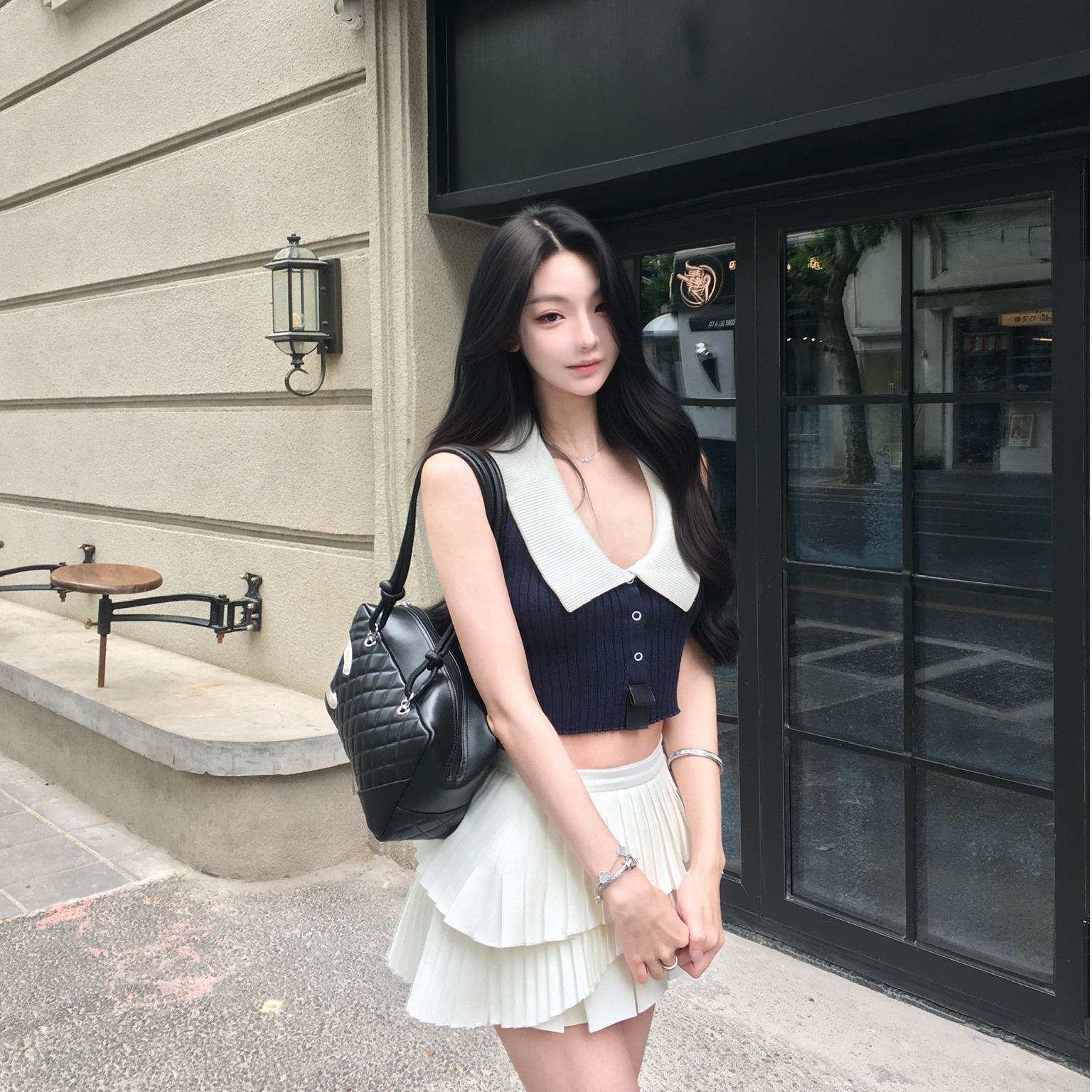 气质高级感拼色低胸领上衣+多层网纱荷叶边裙摆短裙套装女