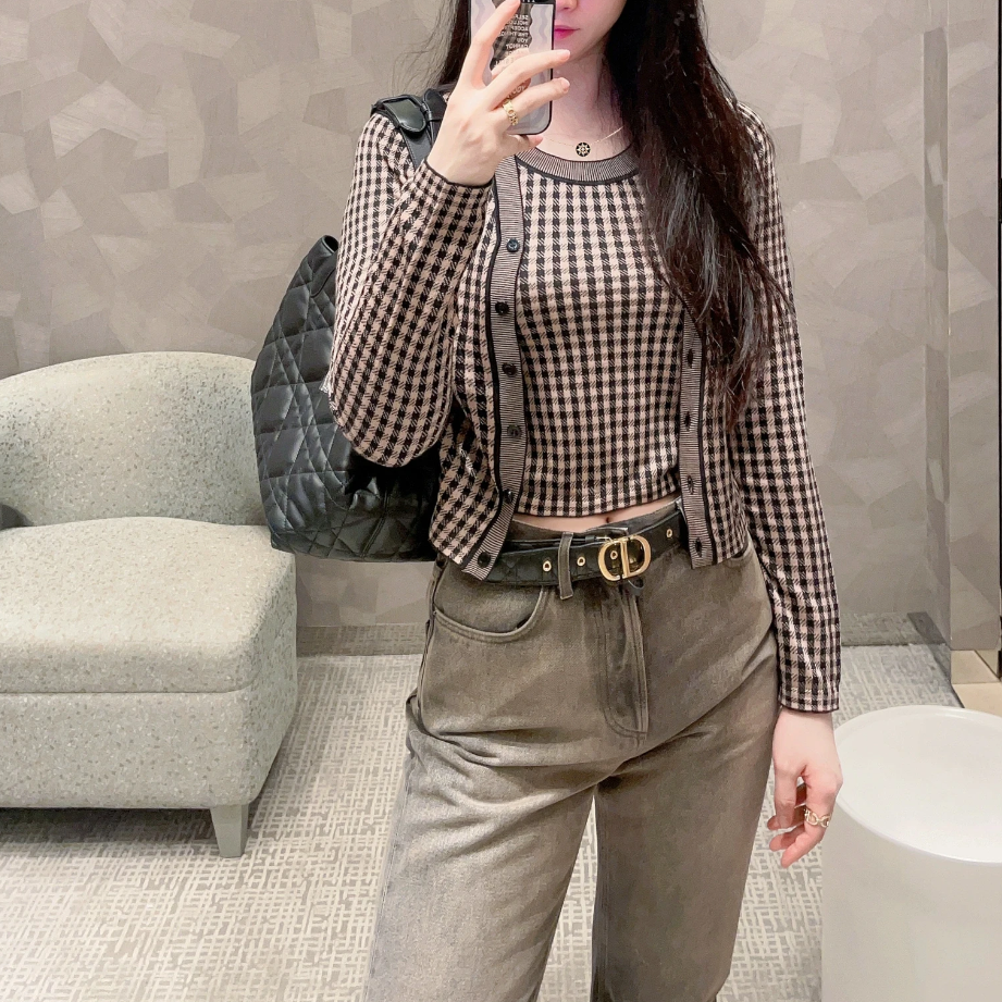 未使用 DIOR/迪奥 格子长袖针织 棕色/38/公价16000