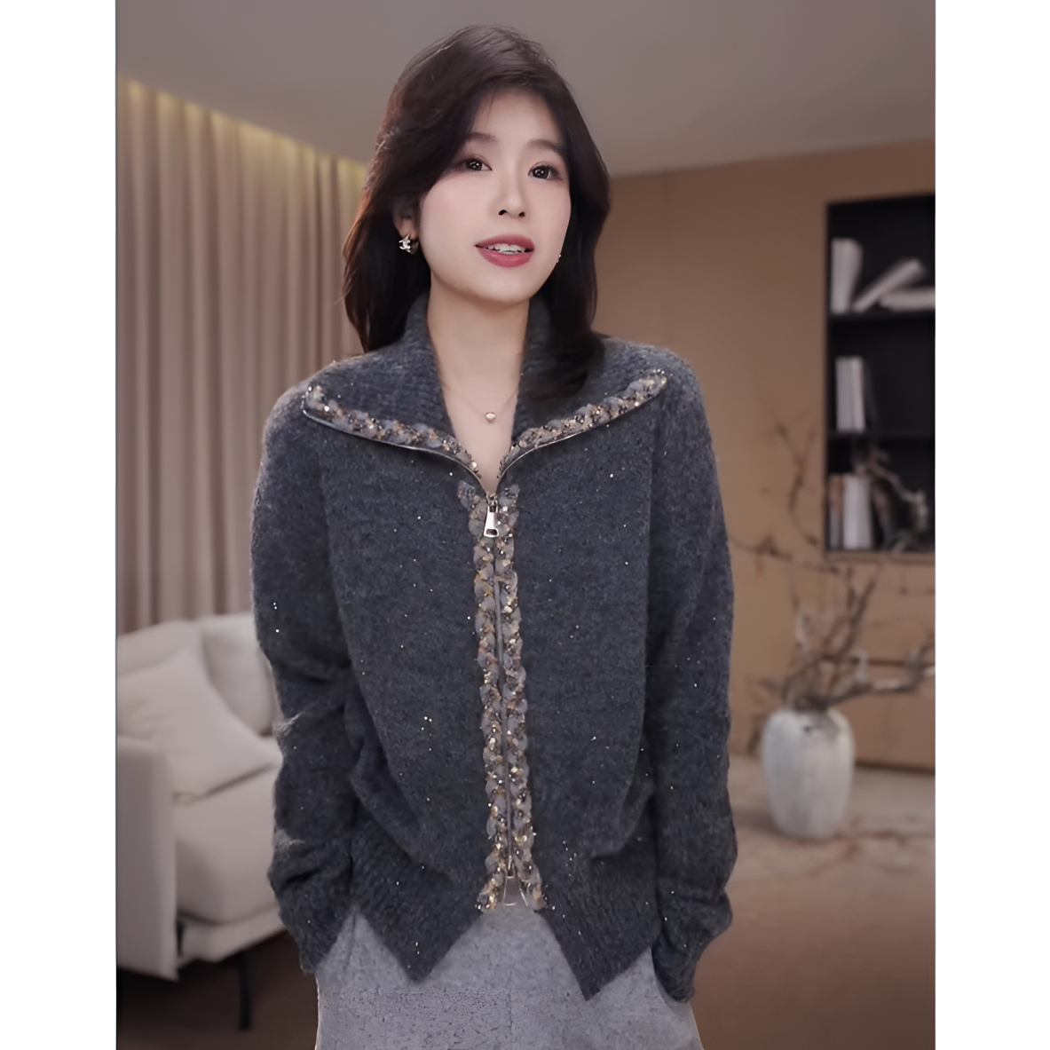 广州琴姐【都市漫游者】绵羊毛拉链翻领针织衫开衫毛衣外套女冬6890