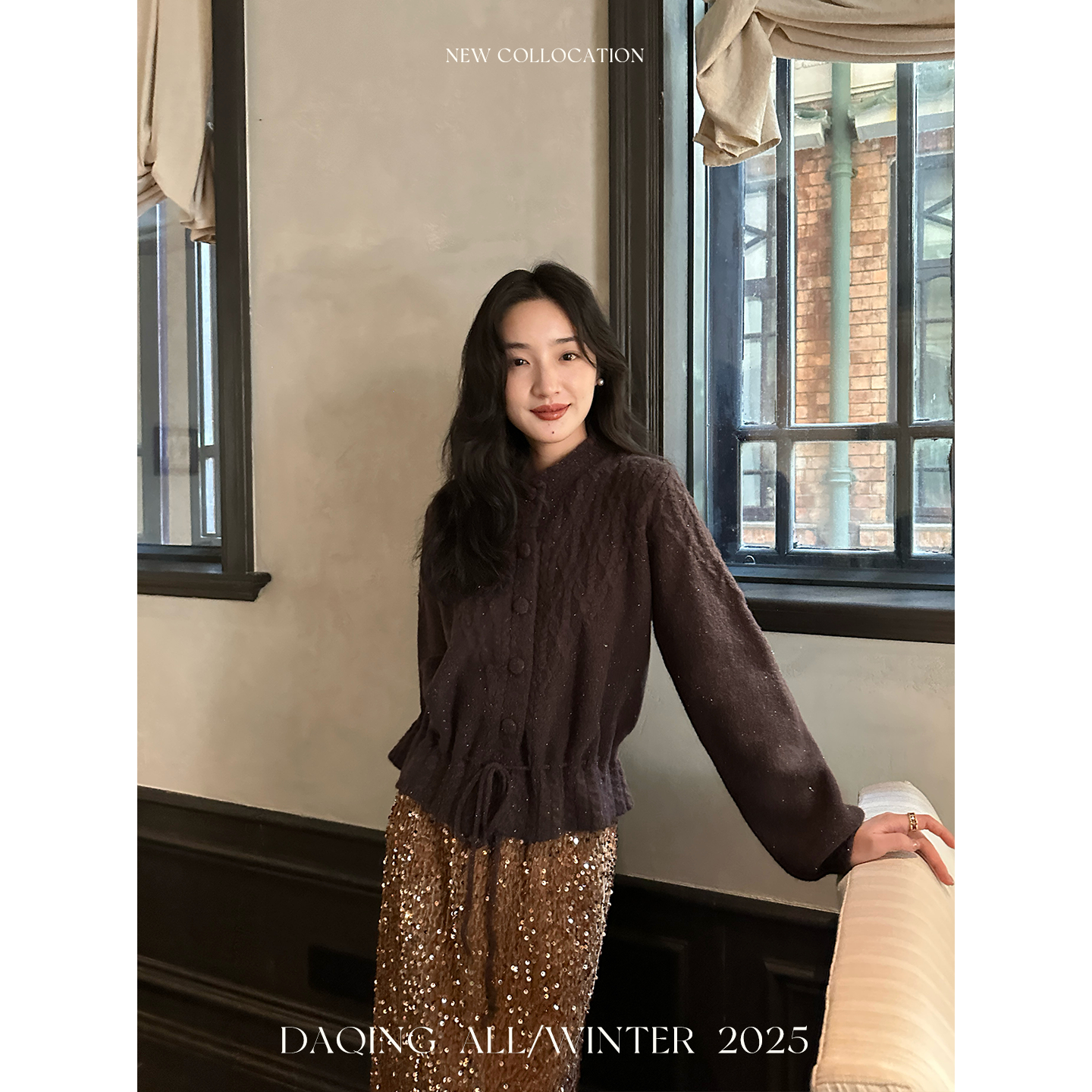 许大晴【欧佩拉】时尚圆领包扣绑带收腰麻花毛衣D4A248