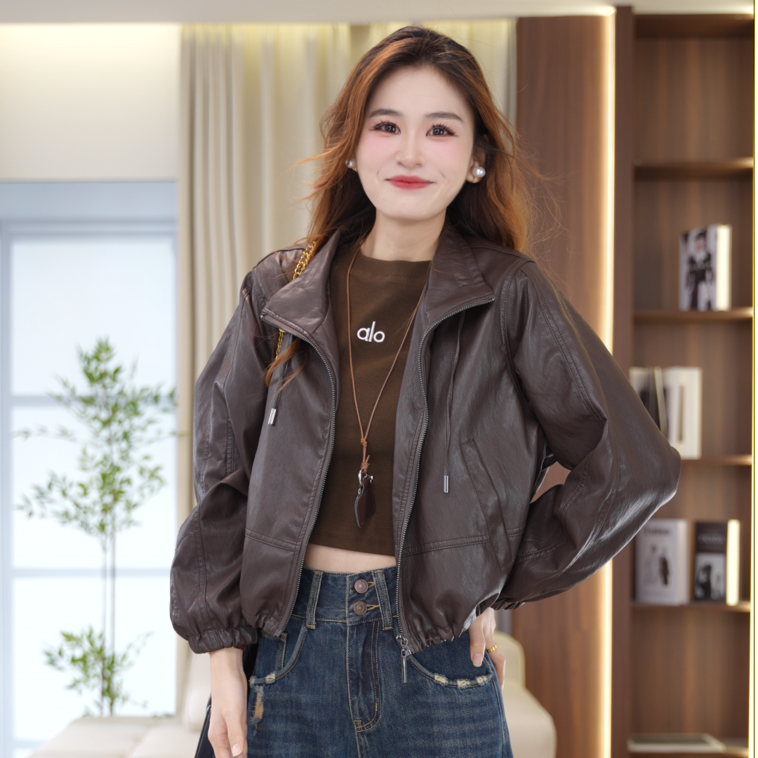 皮衣短外套女2025秋季新款宽松百搭时尚小个子翻领机车夹克G919