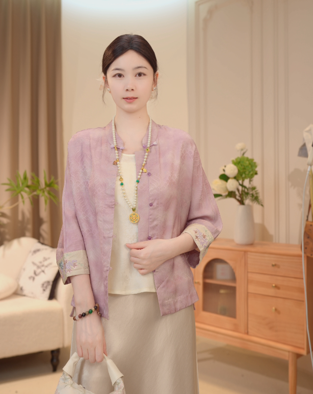 【墨染】新中式国风复古江崖海浪纹刻花国风薄外套女2025B9382-七月