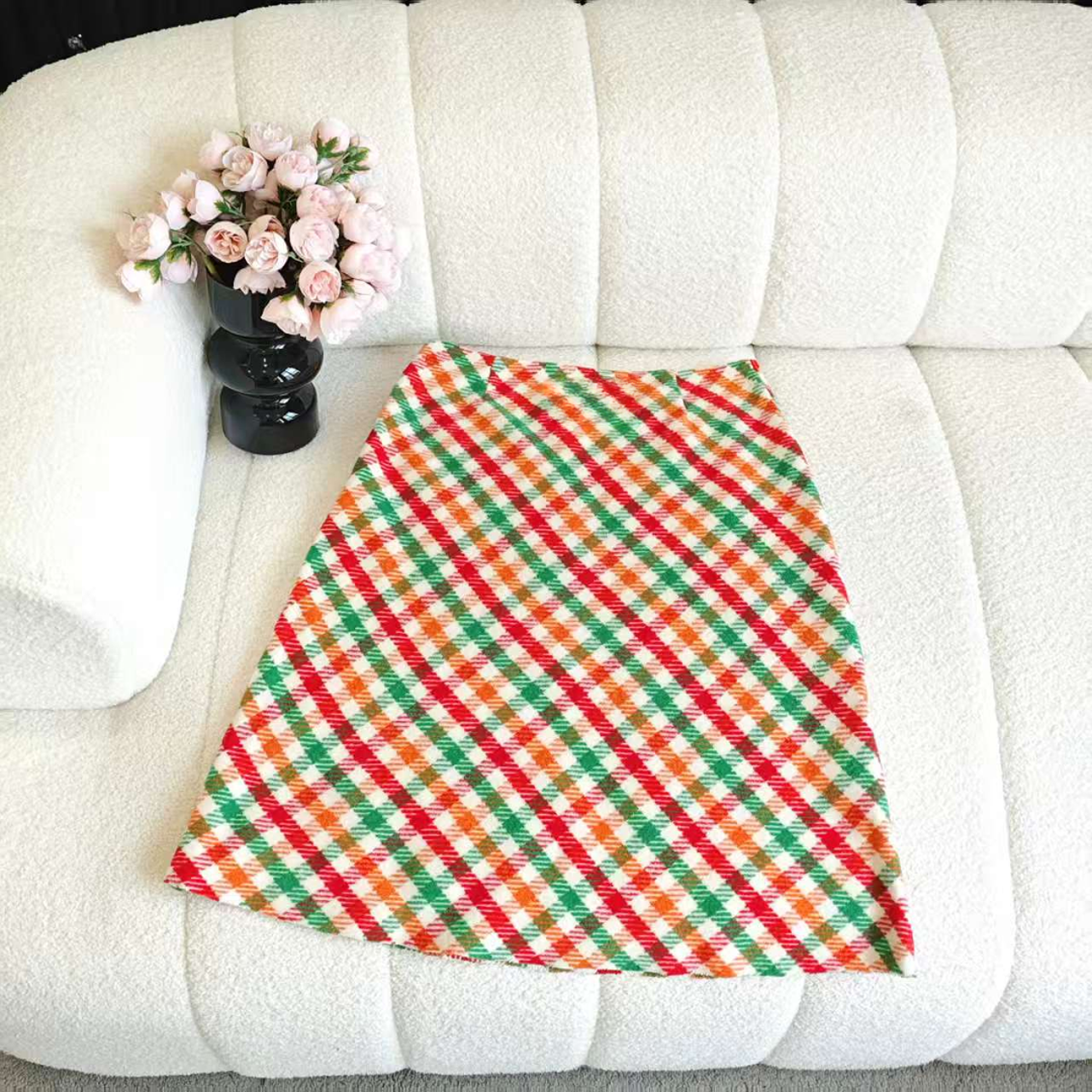 51052 时尚彩格半身裙拉链设计秋冬复古斜格纹毛呢半身裙