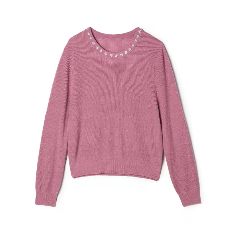 【十五个珍珠小花  圆领】2025秋冬气质百搭长袖条纹针织毛衣