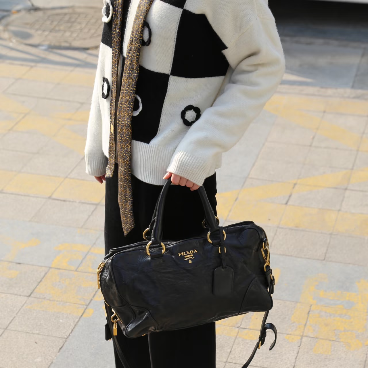 95新 Prada/普拉达 黑金机车包/FYWJ11115843/5843