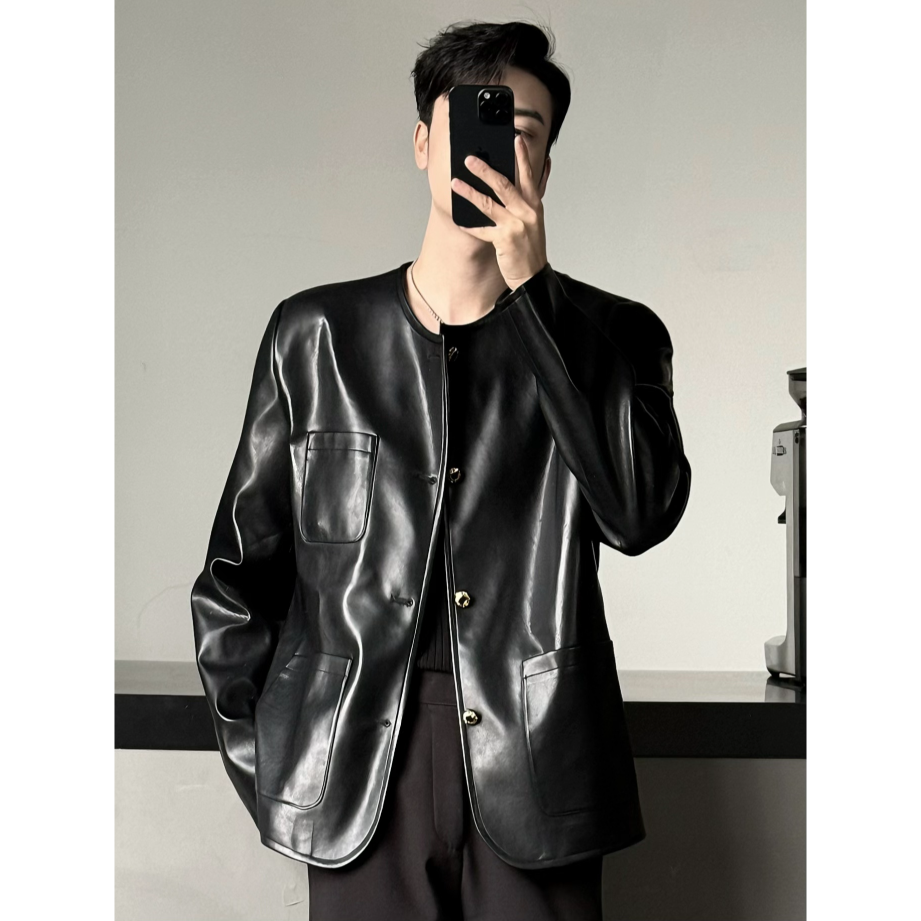 AIXKOM｜2025款秋季新款美式潮流大理石纹PU皮机车夹克