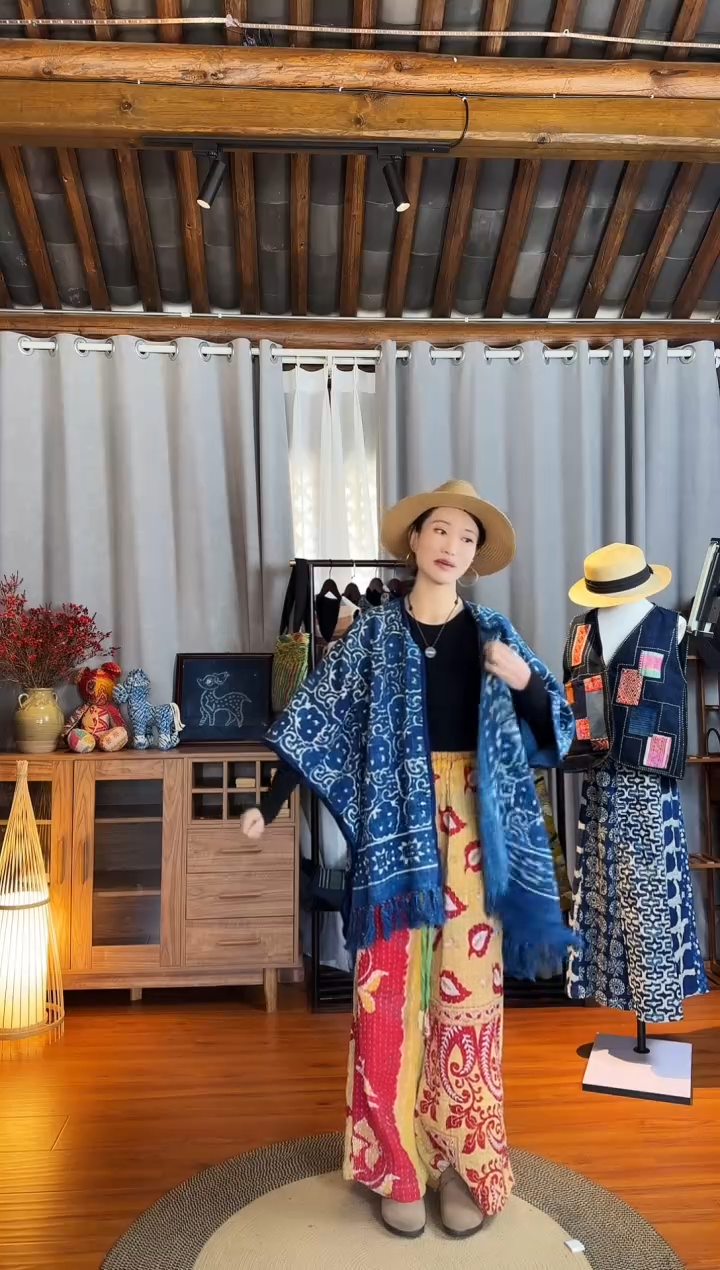 【闪购商品】设计师款蓝染流苏斗篷