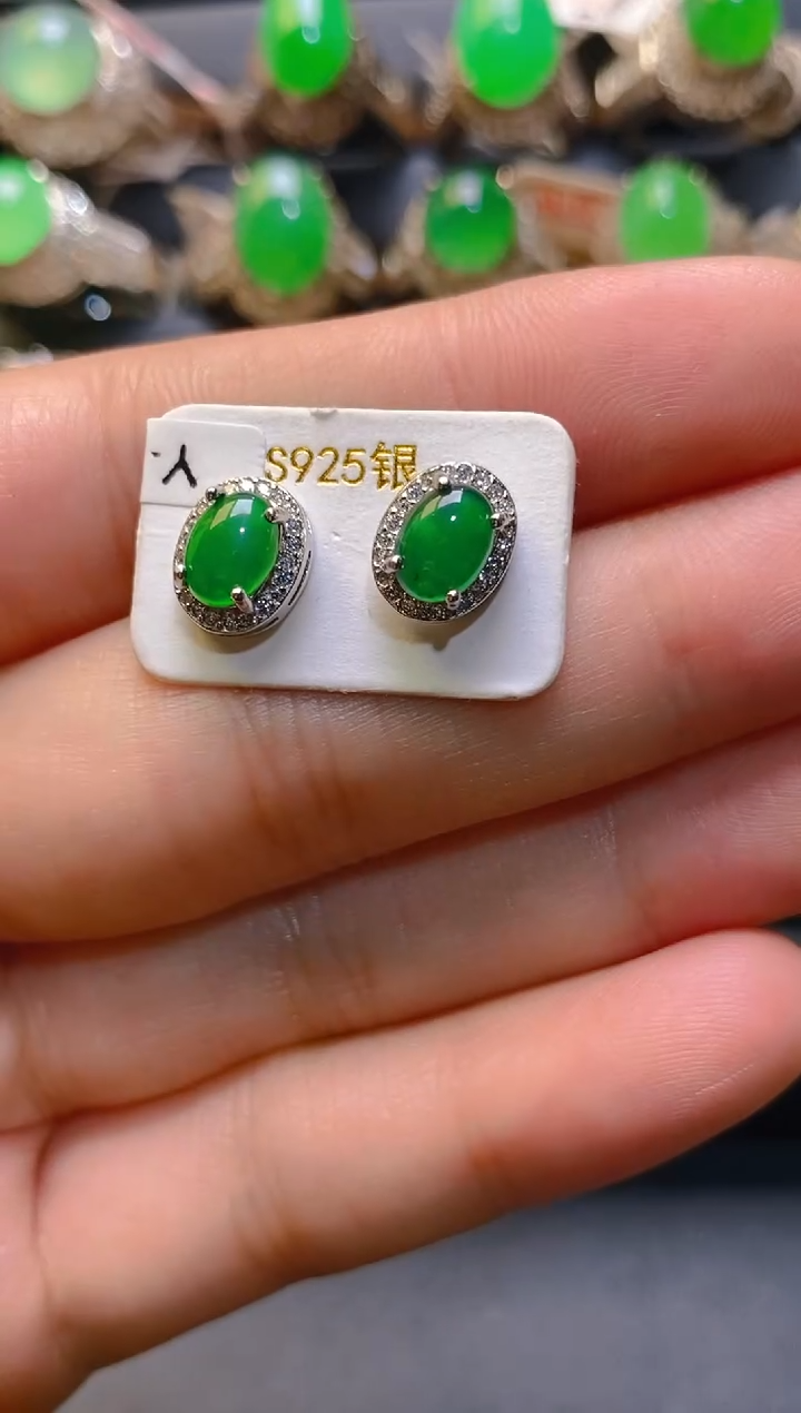 【闪购商品】翡翠耳饰银S925镶嵌天然A货翡翠1