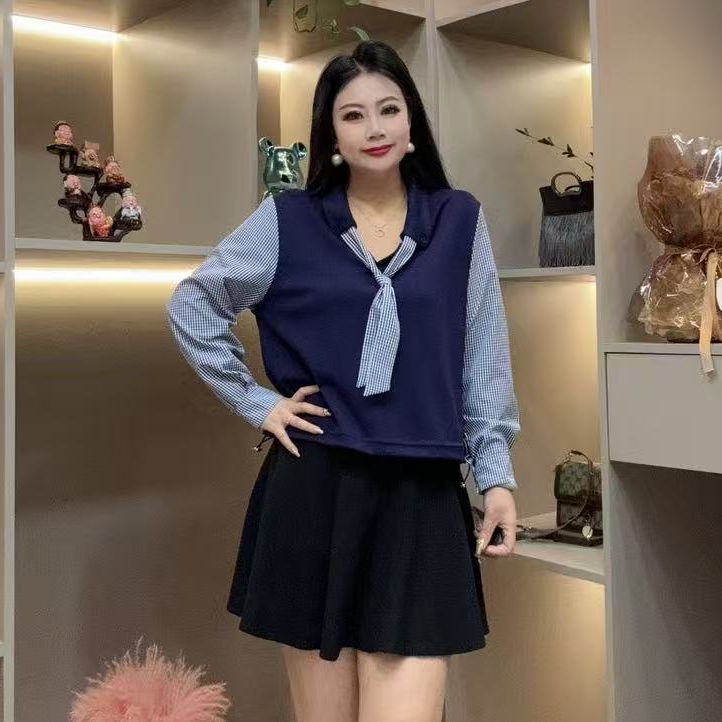 秋季上衣-甜 5032秋季时尚宽松拼接格子袖V领系带领带百搭上衣