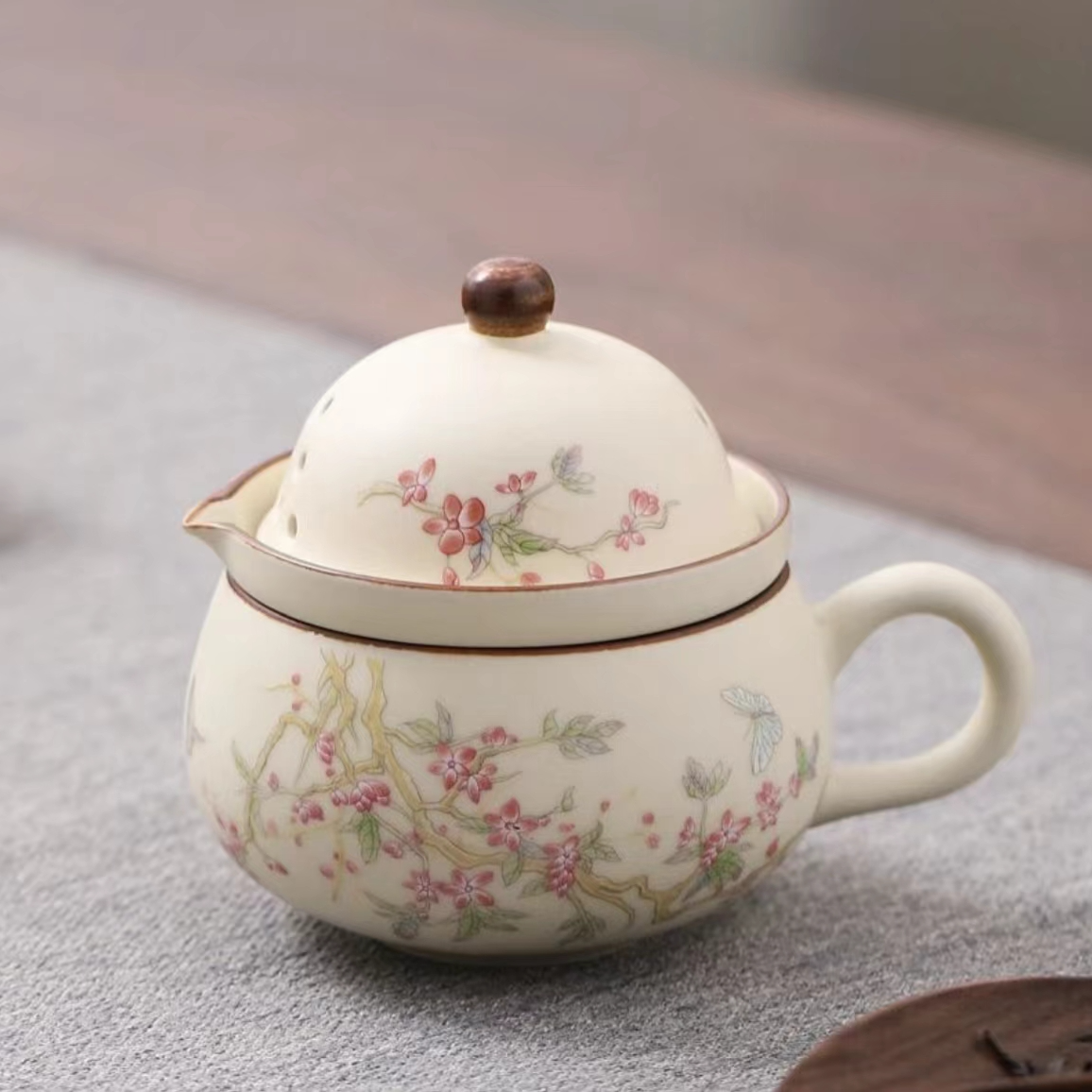 KK0654-紫藤花大号手抓壶茶咖杯带包泡茶壶茶具