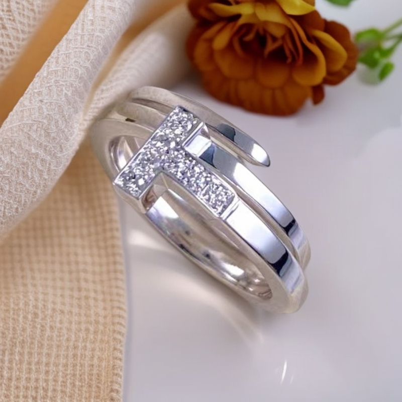 99新 Tiffany & Co./蒂芙尼 白金 T型缠绕镶钻戒指 50号 W49576