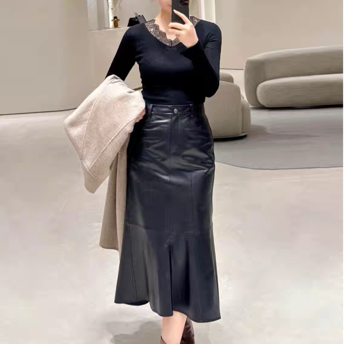 ELLASSAY高端F线高腰半裙鱼尾裙皮裙EWF364X00200