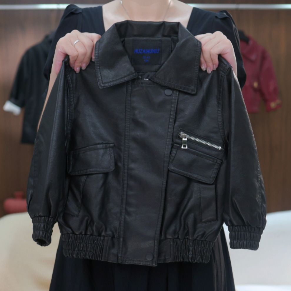 亲子装YX（高品质）儿童皮夹克2025秋冬韩版皮衣时尚酷帅外套250111