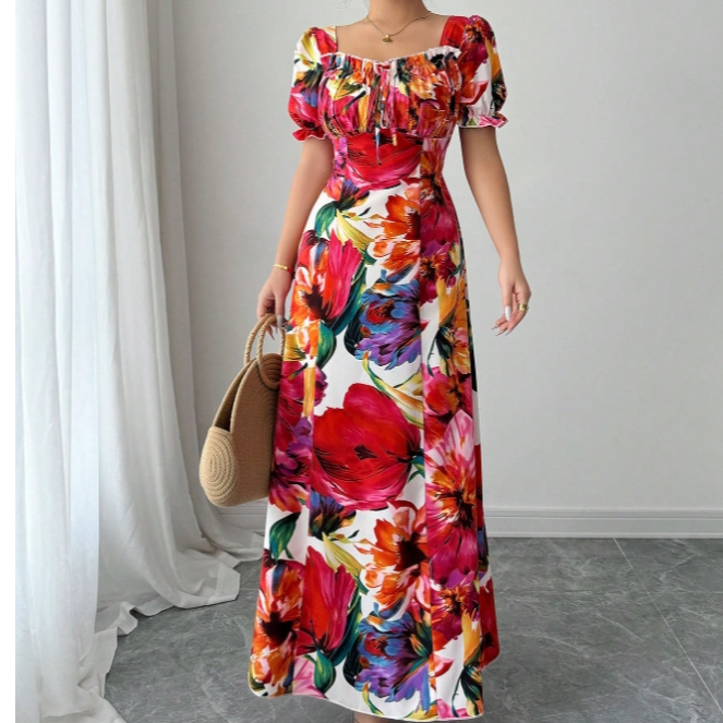 A78女士花朵印花收腰修身时尚长款连衣裙