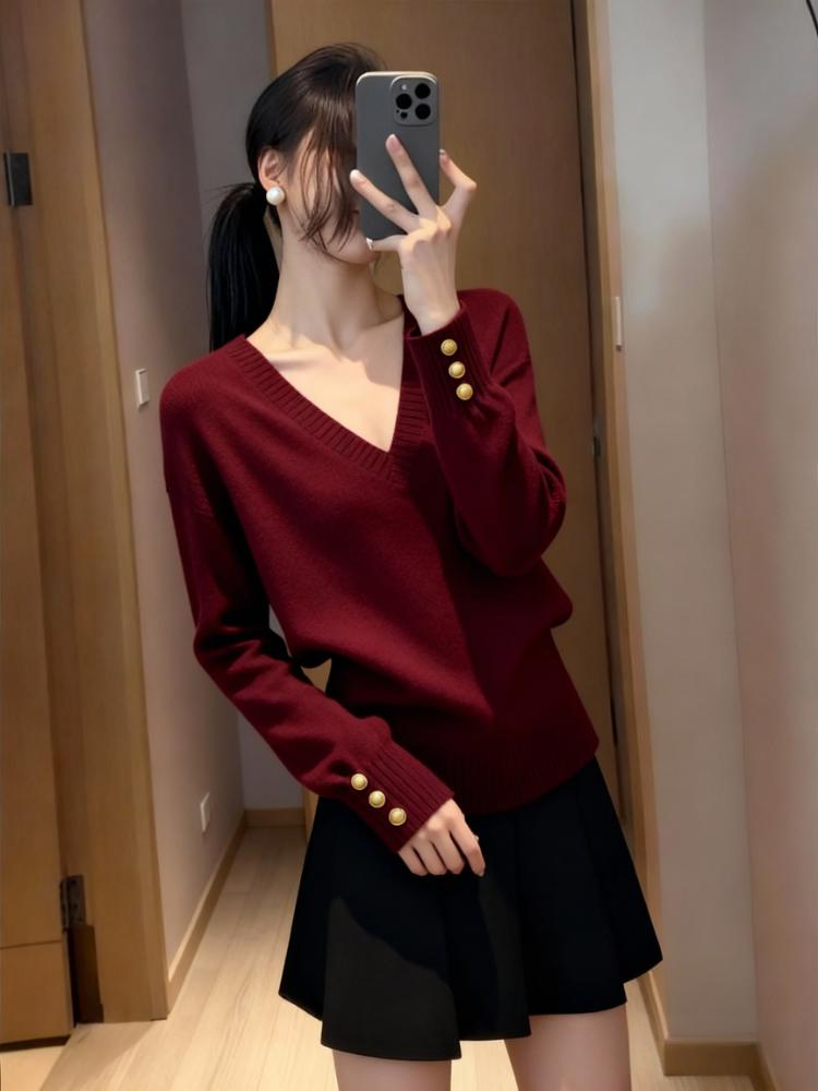 时尚慵懒风v领长袖针织衫女2025秋冬新款设计感纯色软糯毛衣打底