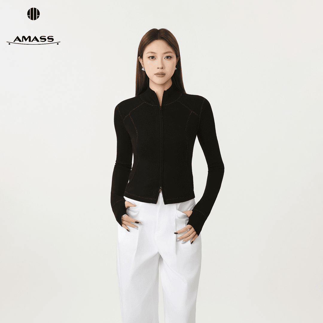 AMASS/阿玛施秋冬新款修身显瘦半高领休闲运动羊毛针织开衫548065