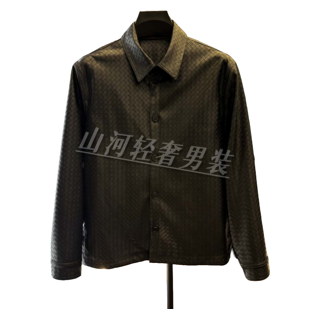 秋冬新版商务休闲男士翻领皮衣手工编织皮男短款黑色修身型百搭款