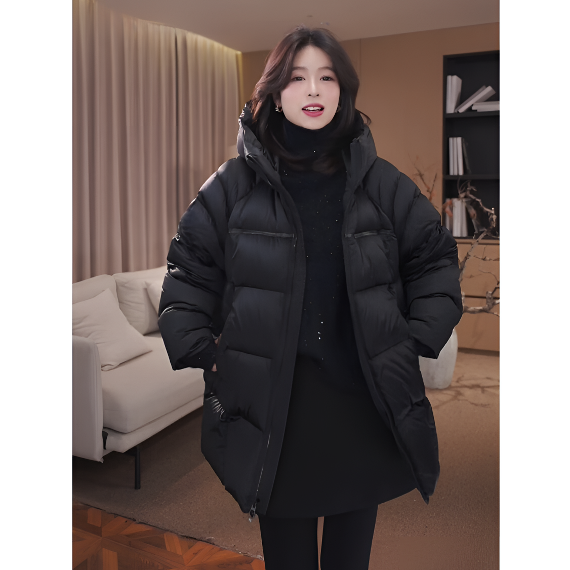 广州琴姐【墨域行者】90白鹅绒保暖连帽中长款羽绒服外套女冬季8333